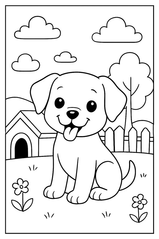 Puppy Outside in the Wild coloring page showing a smiling puppy outdoors with a doghouse, clouds, trees PDF preview