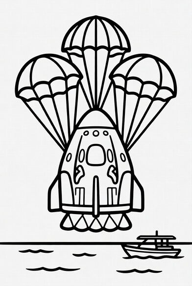 Dragon capsule under four parachutes descending near a recovery boat coloring page