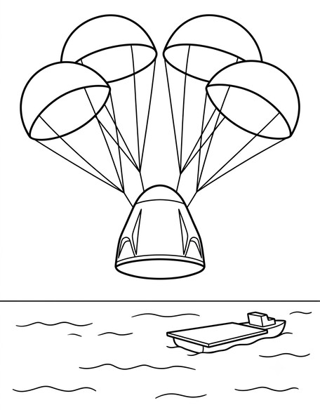 Dragon capsule splashdown under parachutes coloring page