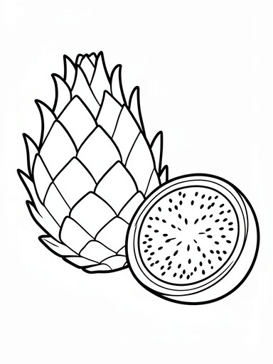 Dragon fruit coloring page showing a scaled whole fruit beside a sliced piece full of tiny seed dots PDF preview