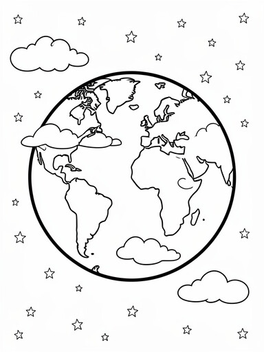 Earth globe floating in space with continent outlines, clouds, and stars coloring page