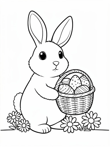 Easter bunny with basket and decorated eggs coloring page