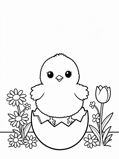 Easter chick hatching from egg with spring flowers coloring page
