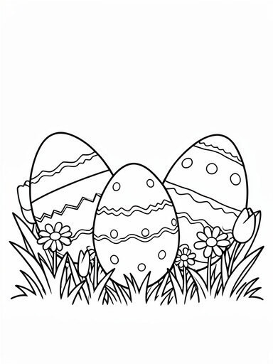 Three large decorated Easter eggs in spring grass with daisies and tulips coloring page
