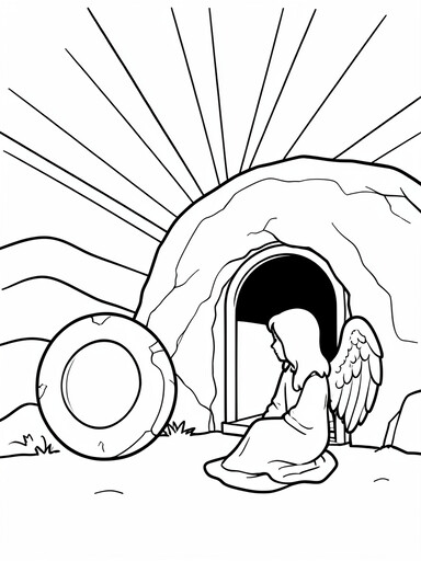 Empty tomb with rolled stone and angel seated at sunrise Easter coloring page