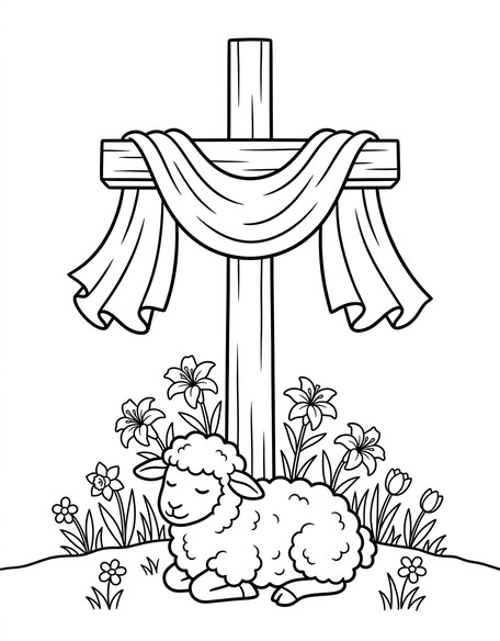 Gentle fluffy lamb resting near a small wooden cross with banner ribbon coloring page