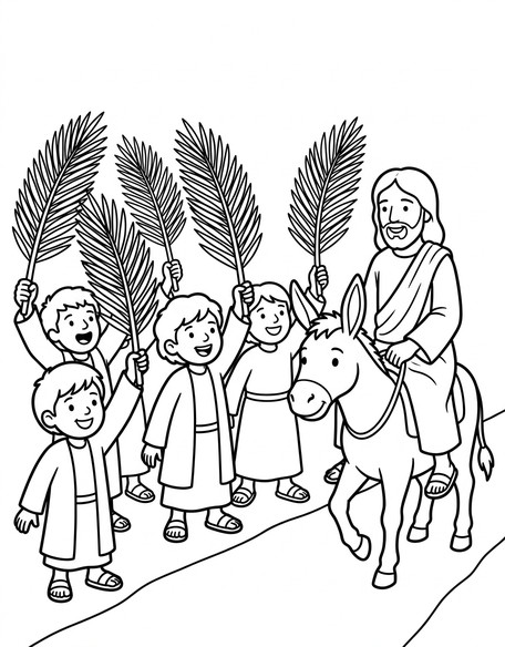 Two children waving palm branches with a rider on a donkey in the background coloring page