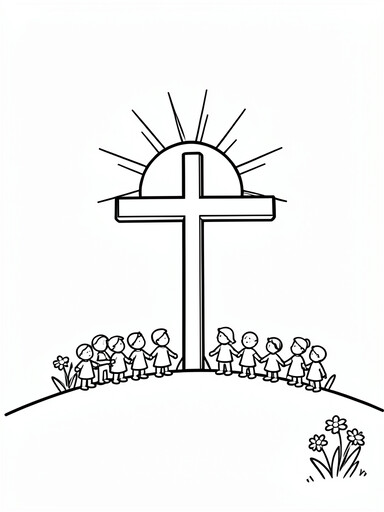 Wooden cross on a hill at sunrise surrounded by children holding hands and spring flowers coloring page