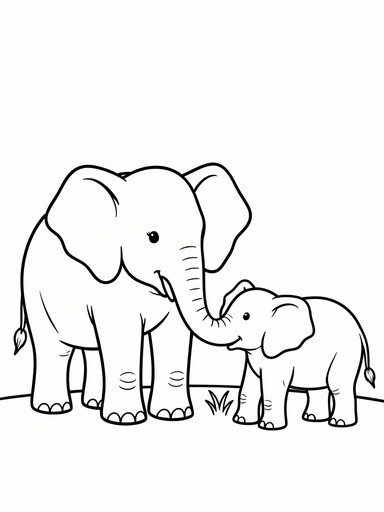 Elephant coloring page showing a mother elephant and baby calf touching trunks together