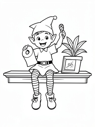 Elf on a shelf coloring page showing an elf caught in playful mischief with a candy cane and unrolled paper