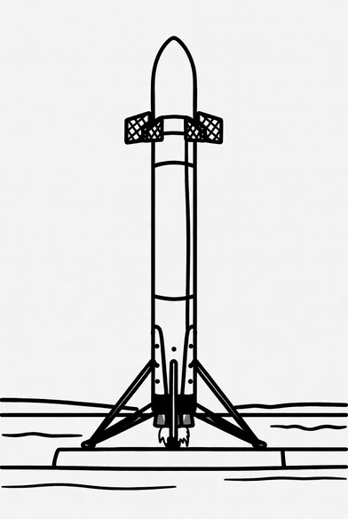 Falcon 9 booster with deployed grid fins and four legs landing on droneship coloring page