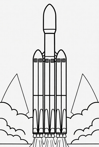 Falcon Heavy rocket with three parallel booster bodies and grid fins coloring page