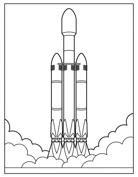 Falcon Heavy rocket with three boosters lifting off coloring page