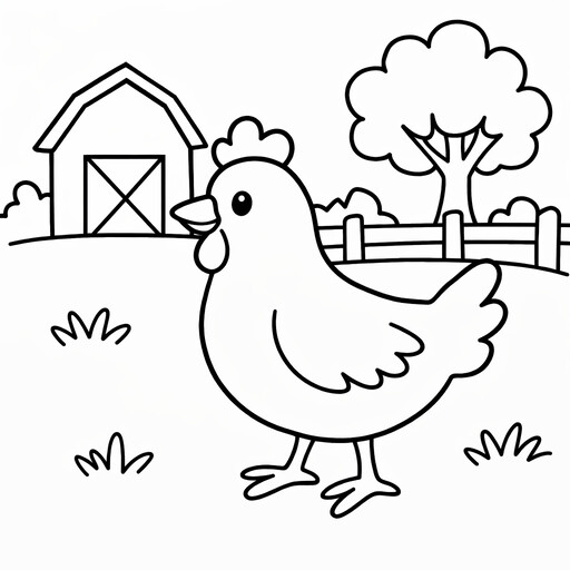 Chicken coloring page showing a farm chicken standing in front of a barn, fence, and tree in a simple barnyard PDF preview