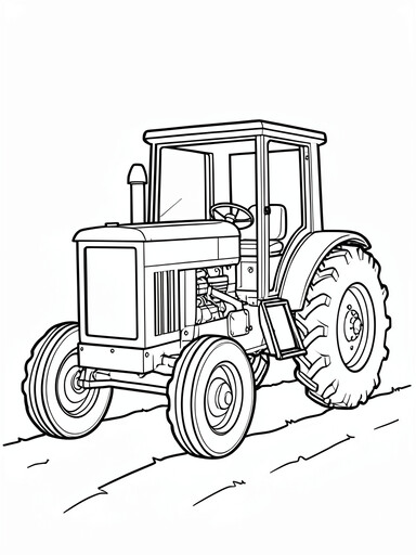 Farm tractor coloring page showing a tall engine hood, open cab, and large rear tires over furrow lines