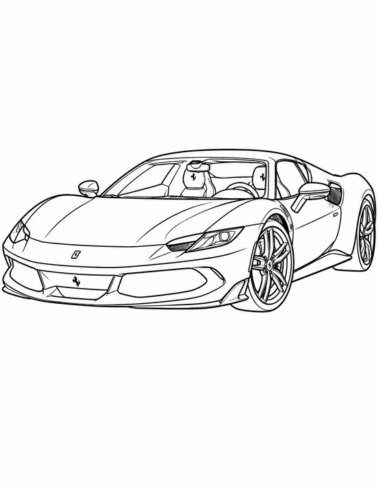 Ferrari 296 coloring page showing a front three-quarter vehicle view with bold wheels, clear body lines PDF preview