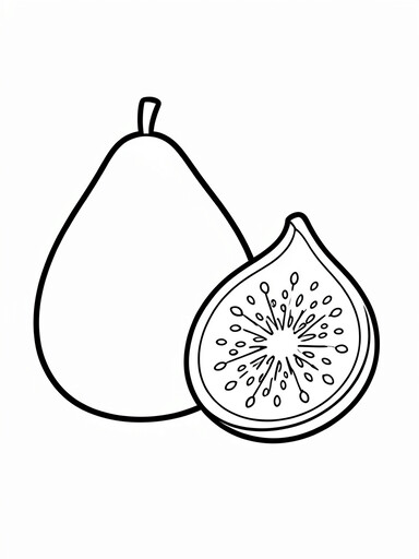 Fig coloring page showing a whole teardrop-shaped fruit and a halved fig with a star-burst seed pattern PDF preview