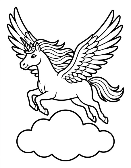 Flying unicorn with wings soaring above a cloud coloring page