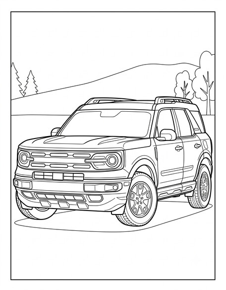 Ford Bronco Sport coloring page showing a compact off-road crossover with a roof rack PDF preview