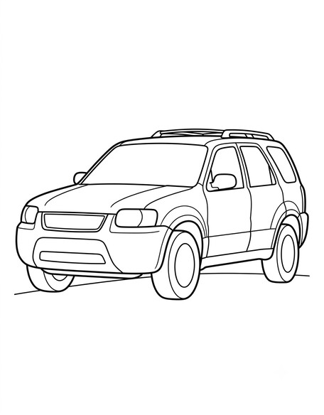 Ford Escape coloring page showing a compact SUV with roof rails and a trapezoidal grille PDF preview