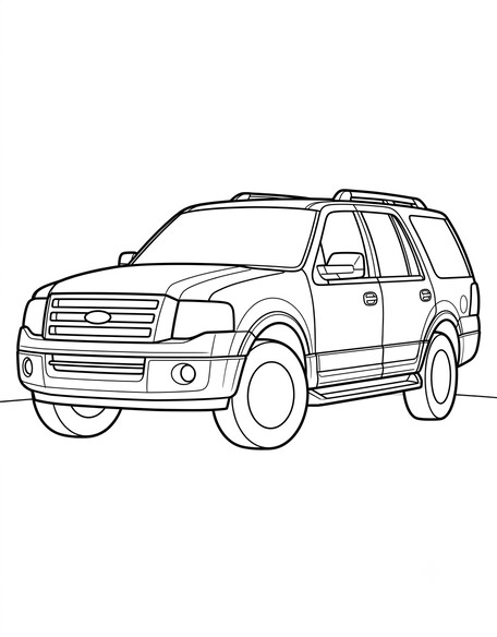 Ford Expedition coloring page showing a large full-size SUV with upright grille and running boards PDF preview