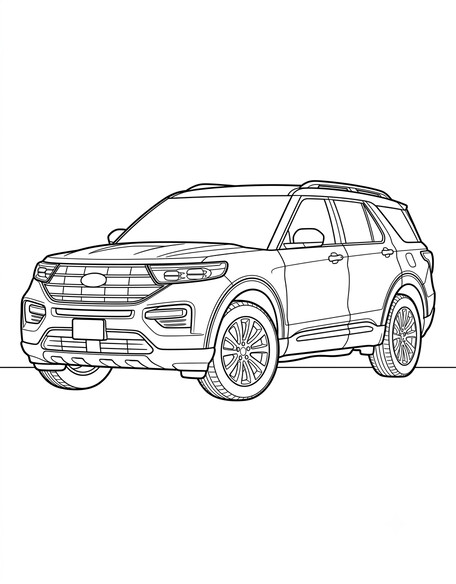 Ford Explorer coloring page showing a tall three-row SUV with trapezoidal grille and roof rails PDF preview