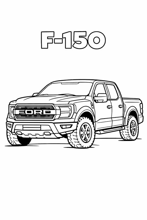 Ford F-150 Pickup coloring page showing a front three-quarter vehicle view with bold wheels, clear body lines PDF preview