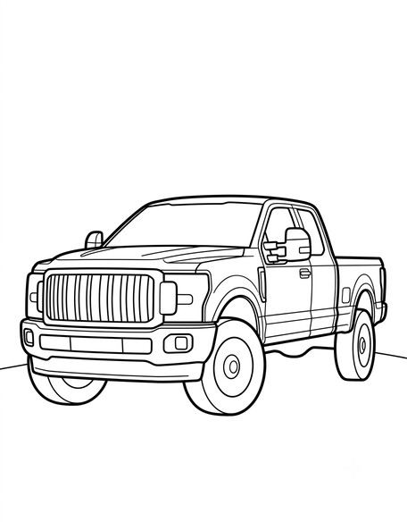 Ford F-250 coloring page showing a heavy-duty pickup truck with a tall vertical-bar grille PDF preview