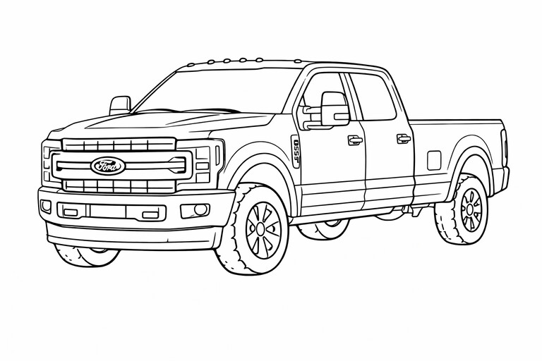 Ford F-350 Super Duty Pickup coloring page showing a front three-quarter vehicle view with bold wheels PDF preview
