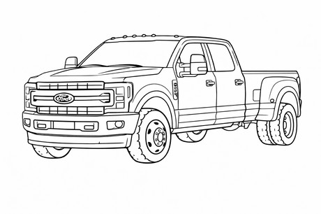 Ford F-350 Super Duty Dually Pickup coloring page showing a front three-quarter vehicle view with bold wheels PDF preview