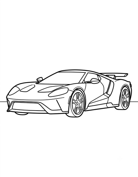 Ford GT coloring page showing a low mid-engine supercar with side air intake channels PDF preview