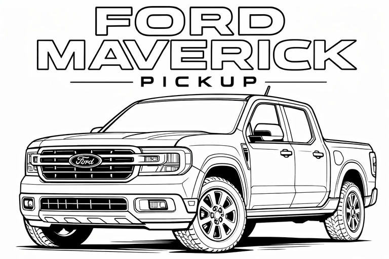 Ford Maverick Pickup coloring page showing a front three-quarter vehicle view with bold wheels, clear body lines PDF preview