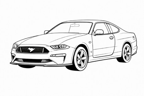 Ford Mustang coloring page showing a front three-quarter vehicle view with bold wheels, clear body lines PDF preview