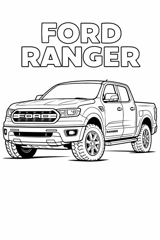 Ford Ranger Pickup coloring page showing a front three-quarter vehicle view with bold wheels, clear body lines PDF preview