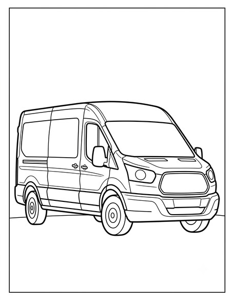 Ford Transit coloring page showing a tall boxy cargo van with a sliding side door PDF preview