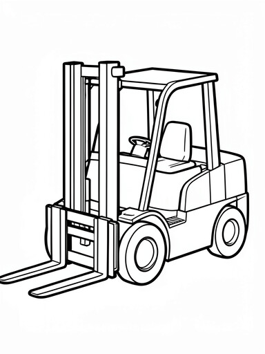Forklift coloring page showing a cab with overhead frame, tall mast rails, and flat fork prongs near the ground