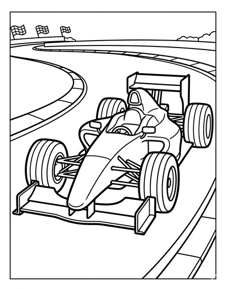 Formula 1 Race Car coloring page showing an open-wheel race car on a track with the front wing, rear wing PDF preview