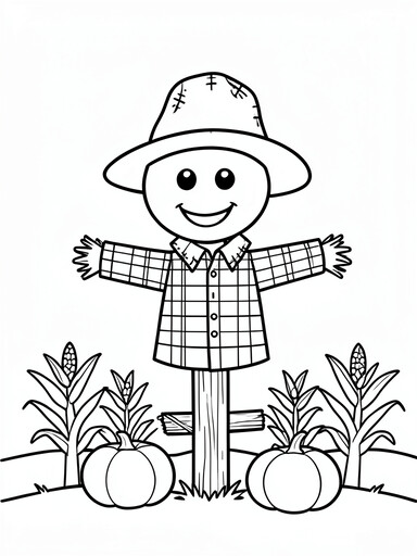 Smiling scarecrow with a patched hat standing in a corn field with two pumpkins coloring page