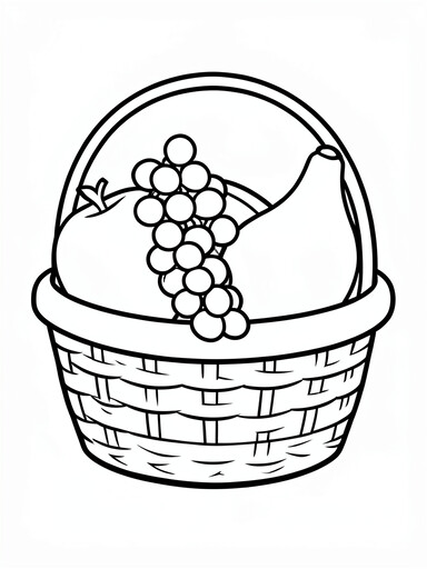 Fruit basket coloring page showing a woven basket holding an apple, grapes, and a banana PDF preview