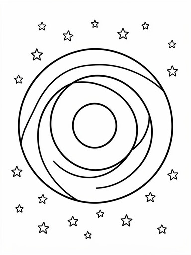 Galaxy coloring page showing a bright center with curving swirling bands and scattered stars