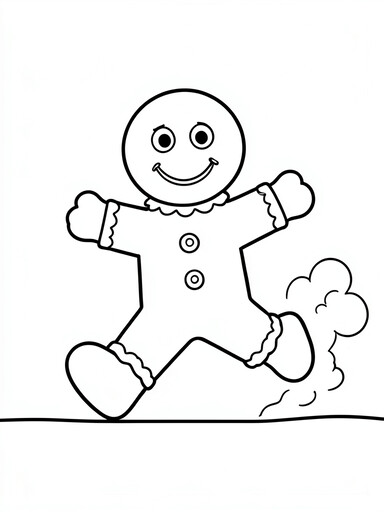 Gingerbread man running coloring page showing a cookie character mid-stride
