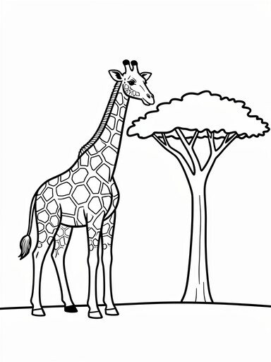 Giraffe coloring page showing a tall giraffe standing beside a flat topped acacia tree