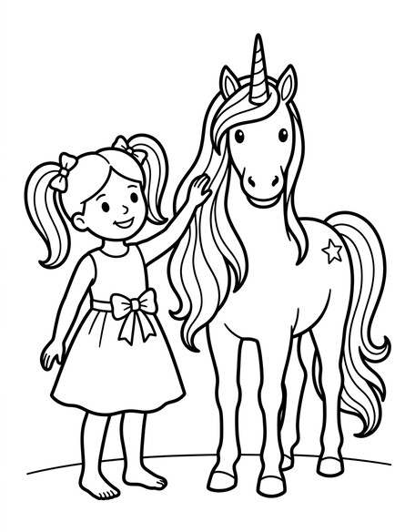 Girl with pigtails petting a unicorn mane coloring page