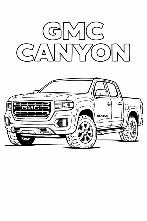 GMC Canyon Pickup coloring page showing a front three-quarter vehicle view with bold wheels, clear body lines PDF preview