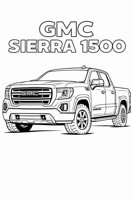 GMC Sierra 1500 Pickup coloring page showing a front three-quarter vehicle view with bold wheels, clear body PDF preview