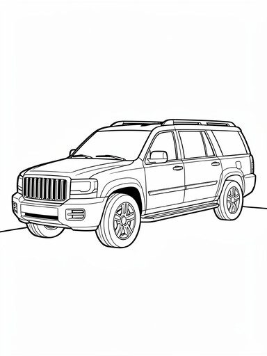 GMC Yukon XL coloring page showing an extra-long SUV with four side windows and roof rails PDF preview