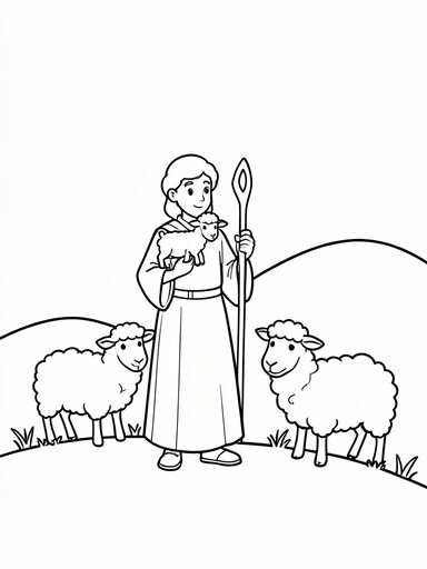 Shepherd in a long robe holding a small lamb with two sheep on a hillside, coloring page
