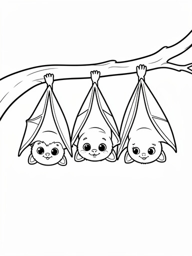 Halloween baby bats coloring page showing three baby bats hanging upside down from a branch