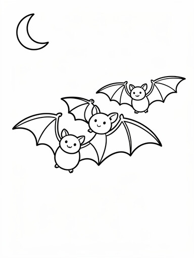 Bat family in the night sky coloring page showing three bats flying together under a crescent moon