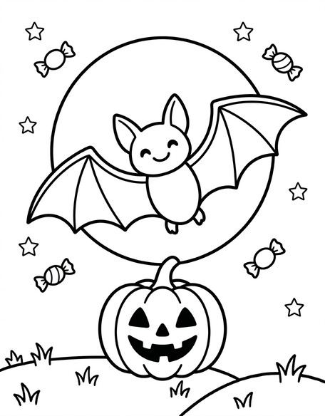 Halloween Bat Pumpkin and Moon coloring page showing a flying bat beside a pumpkin under a glowing moon PDF preview